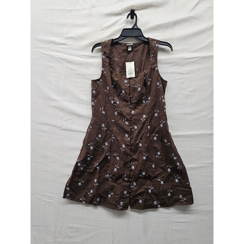 A New Day Womens Floral Button Front Dress Brown Cotton Linen Casual Size Medium